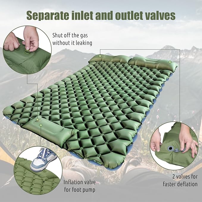 Double Sleeping Pad for Camping, Sleeping Mats for Camping Self Inflating Camping Pad 2 Person with Pillow Built-in Foot Pump Suitable for Backpacking, Portable Camping Mats 79 * 49.2 * 3.5 Inch