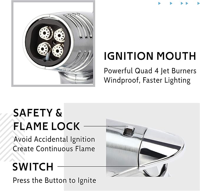 Torch Lighter, Quad 4 Jet Flame Windproof Butane Lighter with Safety Lock Adjustable Refillable Lighter for Kitchen Grill BBQ Candle Camping (Butane NOT Included) (Blue)