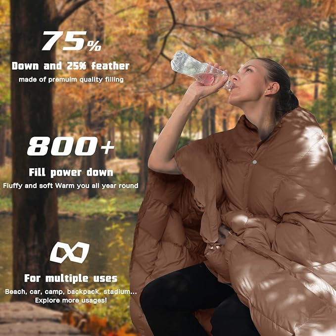 Down Camping Blanket,Puffy Down Blanket Packable Lightweight Down Throw Quilt Water-Resistant Outdoor Travel Blanket for Camping,Hiking,Stadium,Picnic,Car 50x77''Brown