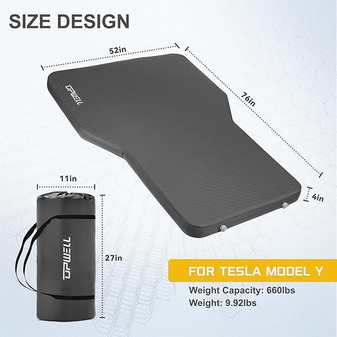 UPWELL Self Inflating Sleeping Pad Truck Camping Thick Mattress for Tesla Model Y Solid Foam 4 Season Car Bed Mattress Portable Roll Up Bed Grey