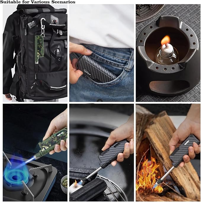 Butane Lighter Long Neck Flame Adjustable Lighter Refillable Multipurpose Windproof Lighters with Safety Lock and Visible Gas Window Lighter for Candle Fireplace Kitchen Camping Outdoor (Camouflage)