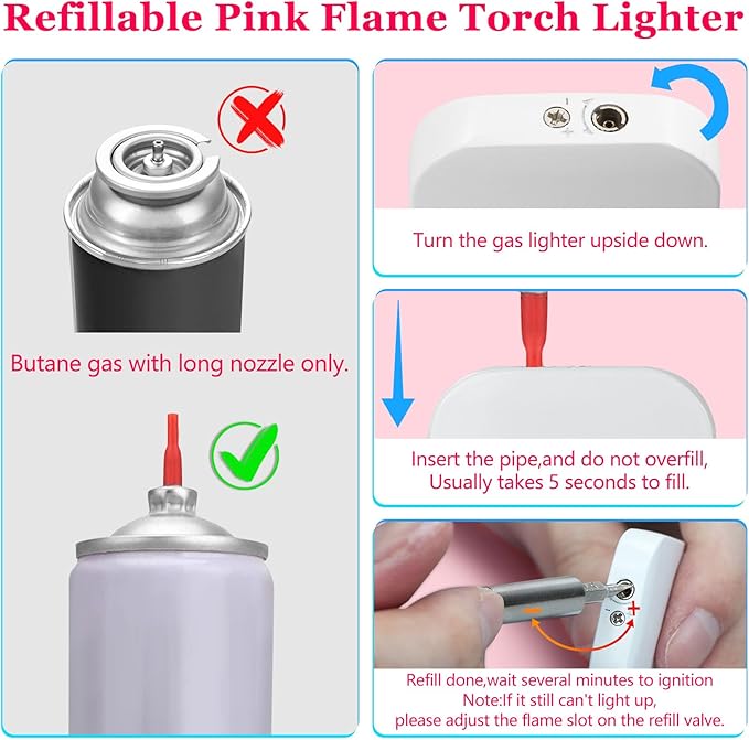 Pink Flame Torch Lighter, Cute White Lighter,Refillable Butane Lighter, Windproof torch Lighter for Outdoor Camping BBQ Candle,Nice Gift for Women Girls on Birthday,Anniversary (1 Pack,Without Butane)