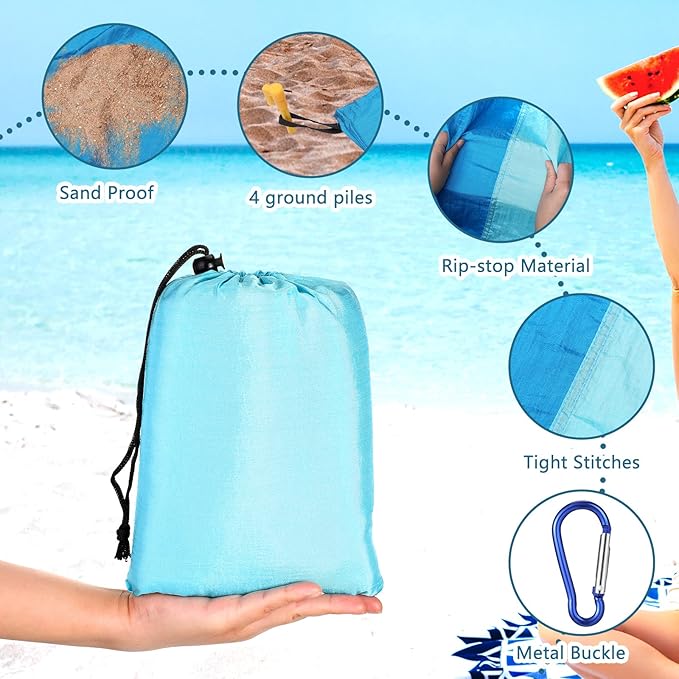 Batiyeer 4 Pcs Beach Blanket Sandproof Extra Large Beach Mat Anti Sand Waterproof Picnic Blanket Lightweight with 16 Stakes for Travel Camping Hiking Picnic (Lake Blue Dark Blue, 120 x 107 Inch)