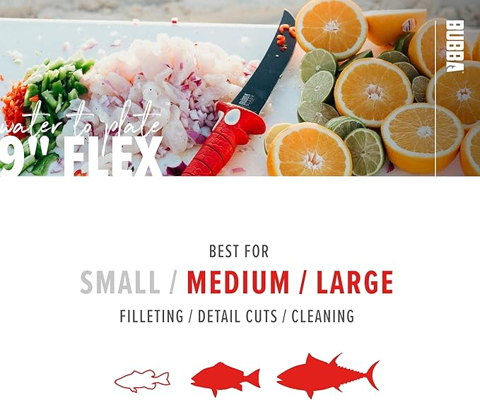 BUBBA 9 Inch Flex Fillet Knife with Non-Slip Grip Handle, Full Tang Stainless Steel Titanium Bonded Blade, Lanyard Hole and Synthetic Sheath for Fishing