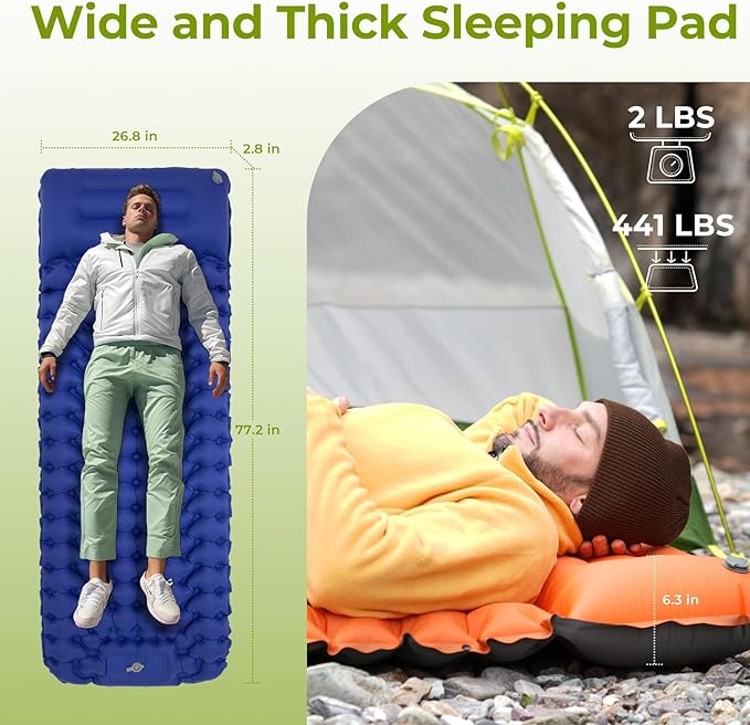 ATEPA Sleeping Pad for Camping Backpacking, Ultralight Inflatable Camping Air Mattress with Built-in Foot Pump & Pillow, 77"X27"Waterproof & Compact Sleeping Mat Navy Blue
