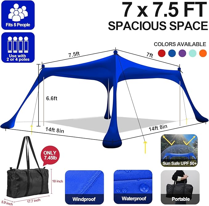 Buheco Beach Tent Pop Up Shade 7x7.5ft Beach Canopy Sun Shelter UPF50+ with 4 Foldable Poles-Portable Carrying Bag-Sand Shovel-Ground Pegs-Windproof Ropes for Outdoor Family Camping-Fishing- Picnic
