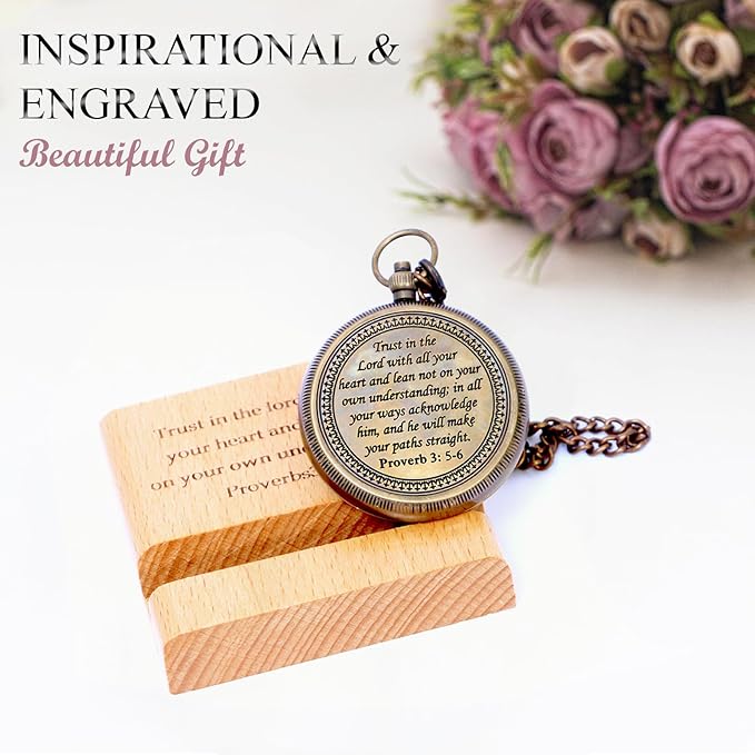 Trust in The Lord with All Your Heart - Proverbs 3: 5-6 Quote Engraved Compass with Wooden Stand, Christian Gift for Men for Women God's Compass Baptism Gifts | Graduation Gifts 2025 | Desk Decor