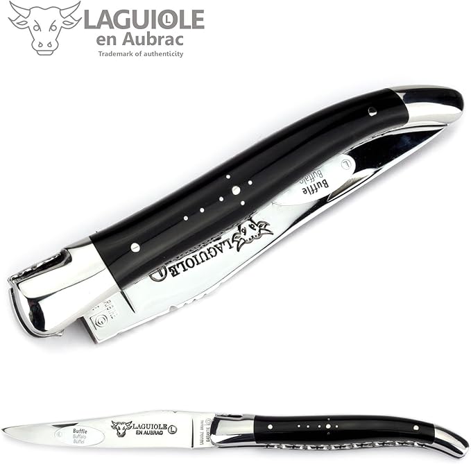 handmade knife 12 cm - double platines - buffalo horn handle - blade and bolsters stainless steel shiny
