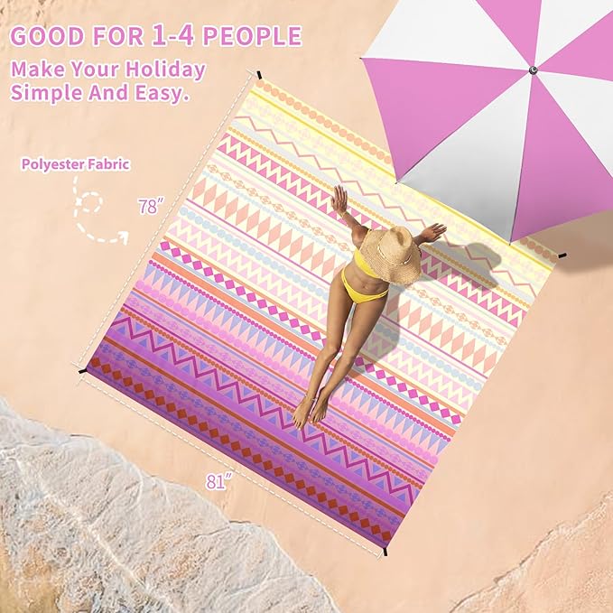 BYDOLL Beach Blanket Sandproof Waterproof 78''×81''1-4 Adults Boho Compact Lightweight Oversized Beach Blanket Large Picnic Mat Beach Blanket for Travel Camping Hiking Picnic