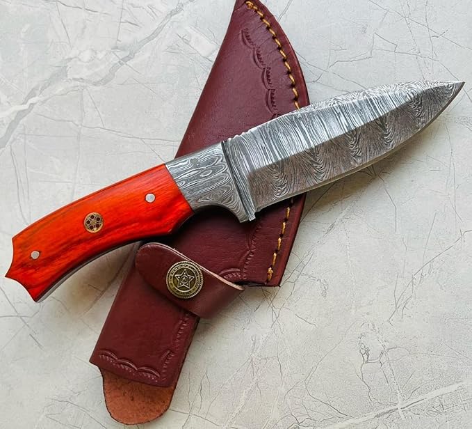 Handmade Damascus Skinning Knife with Sheath, 8-inch Fixed Blade knife Sharpener & Fire Starter for Camping, Outdoor, Bushcraft (RED HANDLE)