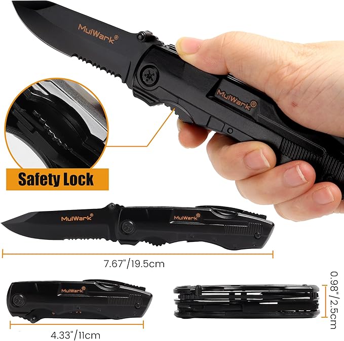MULWARK Folding Multitool Pocket Knife 12 in 1 Survival Knife - Pocket Knife for Men - Gift for Men, Hunting Knife, Tactical Camping Knife - Black