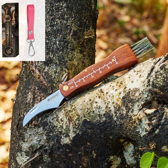 Professional Folding Mushroom Knife with Brush + Pink Leather Strap Wood Handle Foraging Knife for Fungus Truffles Handy Pocket Knife Special Edition for Women
