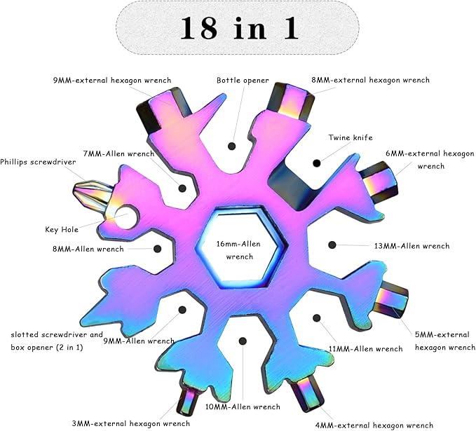 Snowflake Multitool, 2pcs Snowflake Tool Stainless Steel 18 in 1 Snowflake Multitool with Carabiner Clip, Keyring and Storage Bag for Christmas Gift Men's Present(Multicolor)