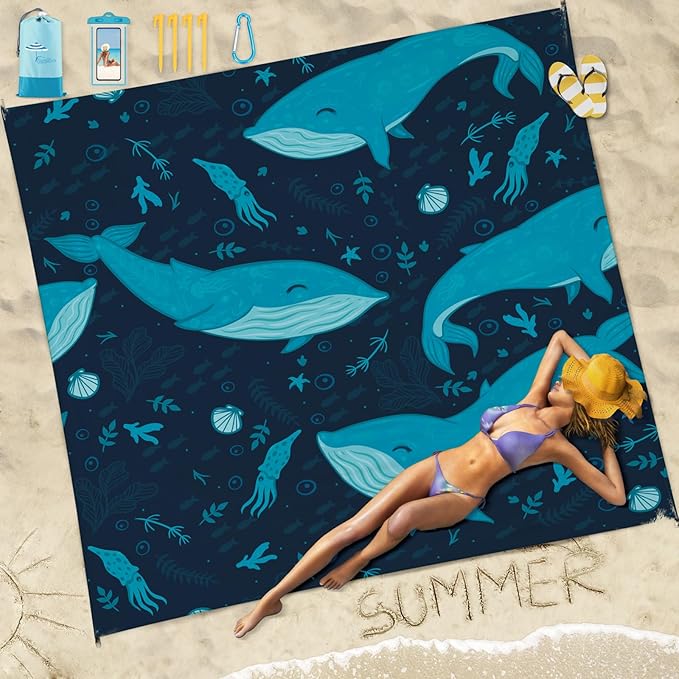 Beach Blanket Sandproof Waterproof 78''×81''1-5 Adults Oversized,Compact Lightweight Durable Beach Mat for Travel Camping Hiking Picnic Blanket