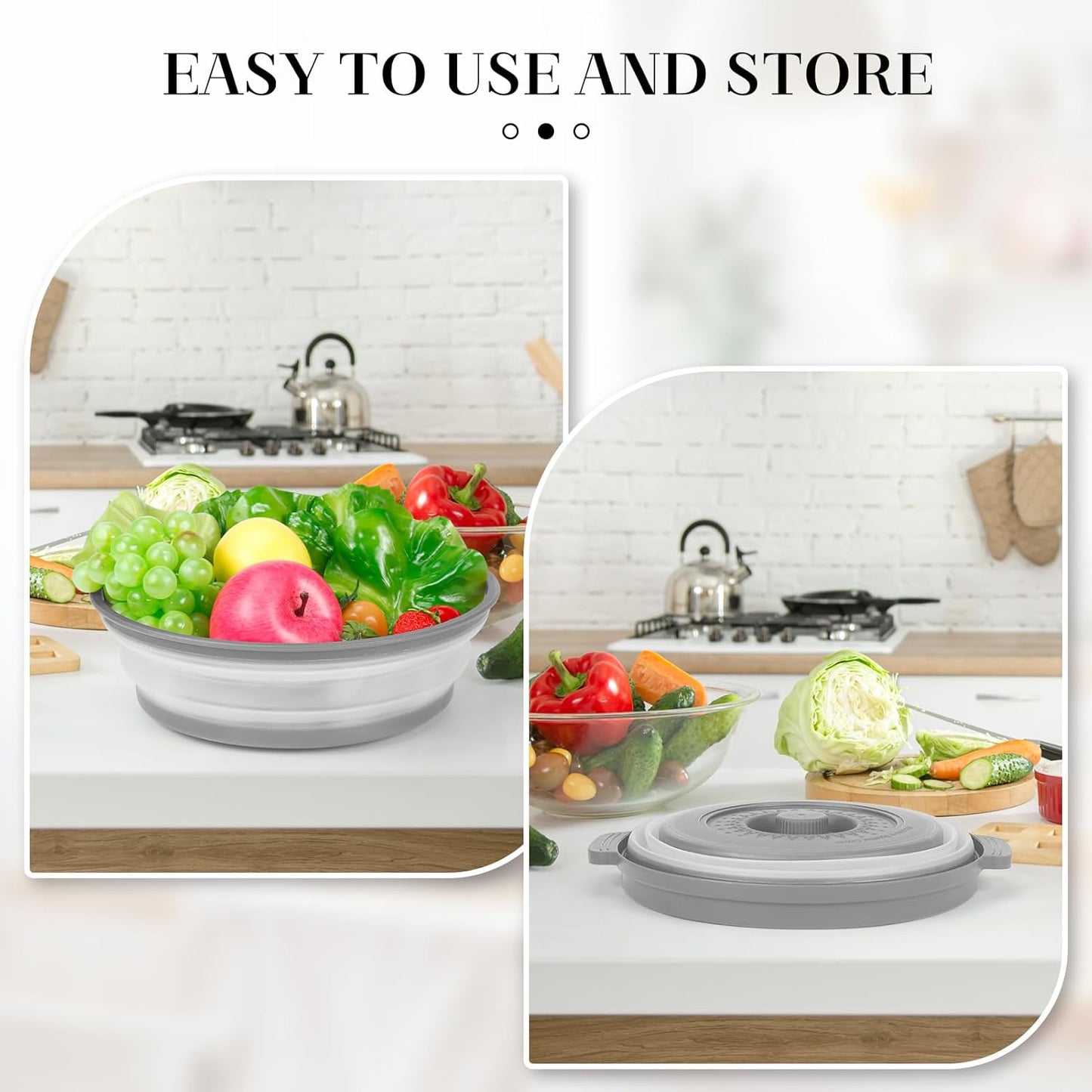 10.7 Inch Microwave Food Cover with Heat Insulation Mat, Anti-Scald Collapsible Microwave Splatter Cover, Multi-Functional as Colander & Fruit Plate, Dishwasher Safe, Ideal for Meal Prep (Gray)