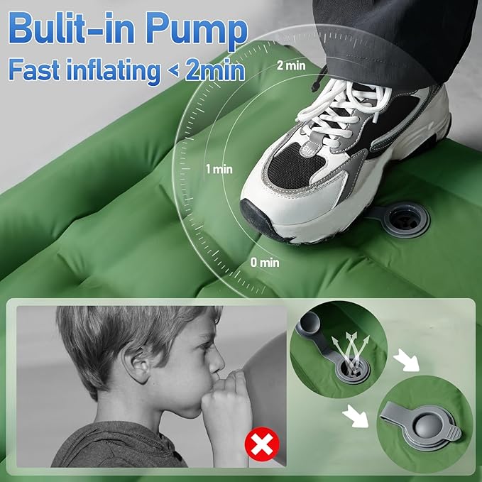 Camping Mattress Extra Thick 5in, Sleeping Pad for Camping with Pillow, Single Backpacking Camping Mat Built-in Pump, Self Inflating Sleeping Pad, Sleep Mat Holds 440 lbs, 40D Nylon, Repair Kit