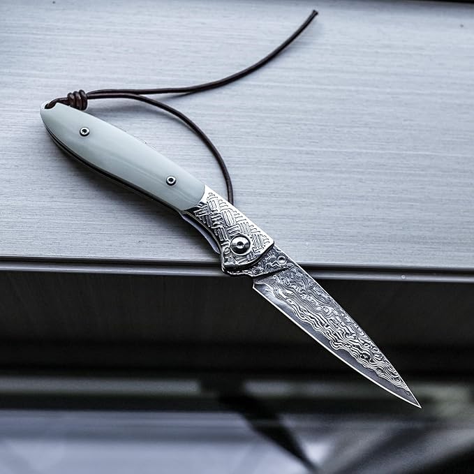 EDC Folding Pocket Knife with Leather Sheath,Handmade Damascus Steel Blade,Bone Handle Thumb Stud Knives for Men Hunting, Piscis Austrinus-02W