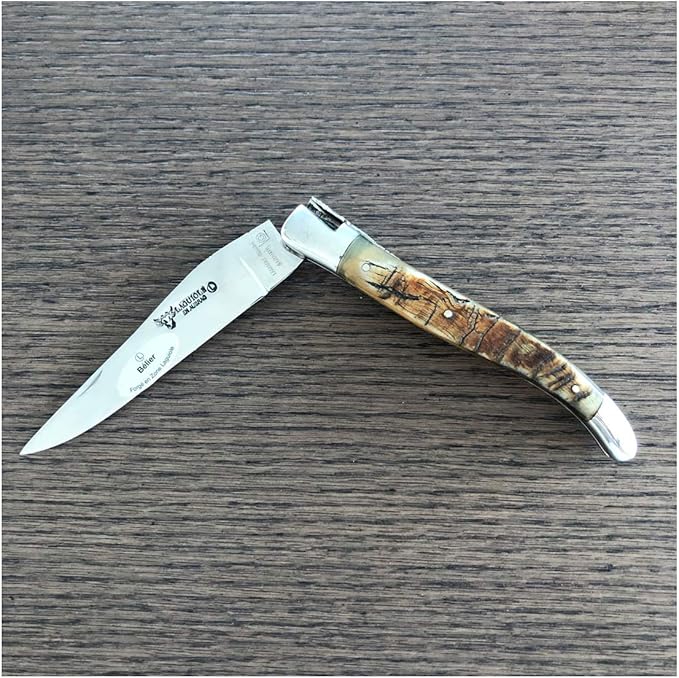Laguiole en Aubrac Handmade Luxury Double Plated Folding Knife, 4.8-in (12cm), Ram Crust Handle Forged Bee, Stainless Steel Shiny Bolsters