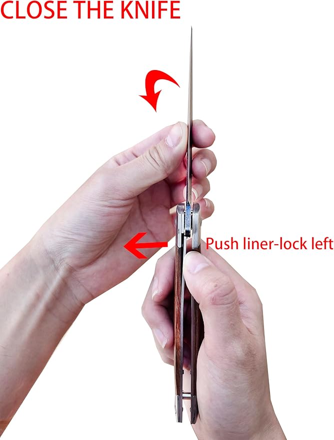 Pocket Folding Knife with 3.4”Stainless Steel blade and Handle with liner-lock，pocket clip and sheath (wood)