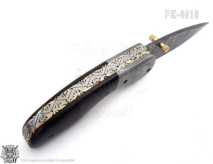 SHINY CRAFTS -Pocket Knife Damascus Hunting Knife OTF Knife Tactical Knife For Men- Pocket Knives - Everyday Carry - PlainEdge - Leather Sheath (FK 18)