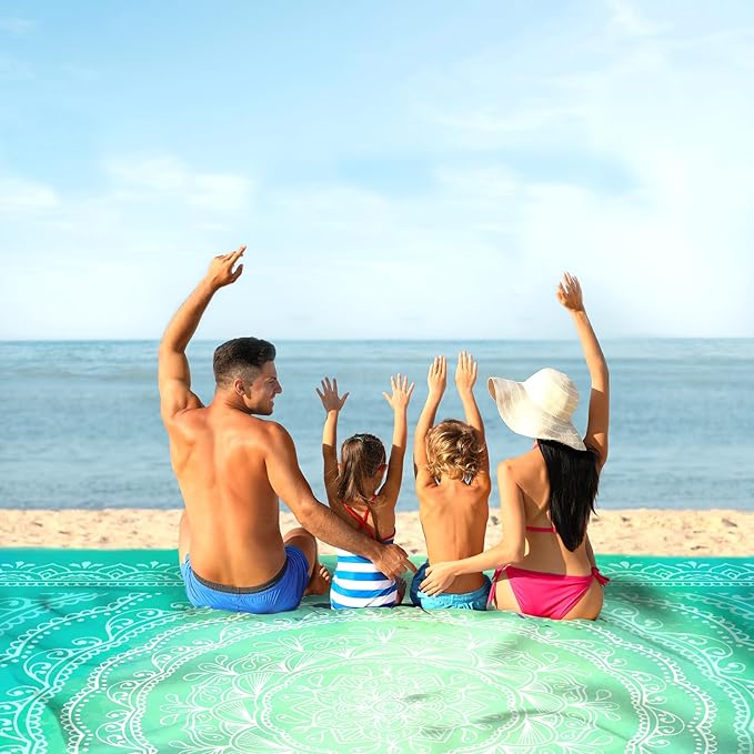 Sunlit 10'x9' Extra Large Boho Sand Proof Beach Blanket, Sand Proof Mat with Corner Pockets and Mesh Bag for Beach Party, Travel, Camping and Outdoor Music Festival, Bright Turquoise Mandala