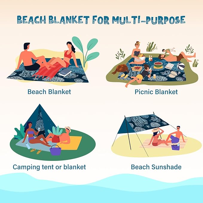 Beach Blanket Waterproof Sandproof 1-7 Adult Oversized 78 '' × 110 '' Lightweight Durable Compact Sand Free Beach Mat for Travel Camping Hiking Picnic Blanket Extra Large