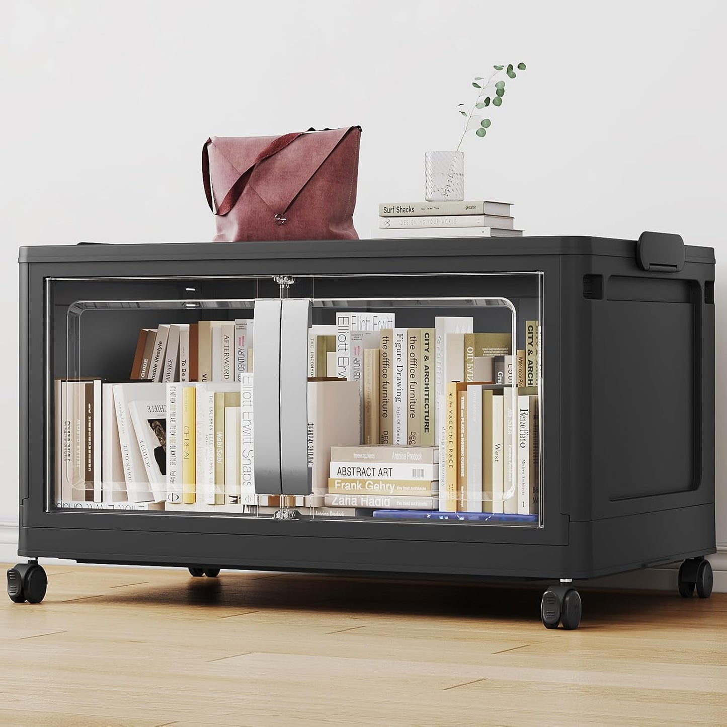 160QT Stackable Storage Bins with Lids, 40Gal Extra Large Collapsible Storage Box with Wheel, Plastic Storages with Clear Door Open Front for Home Bedroom Garage, Black-1pack