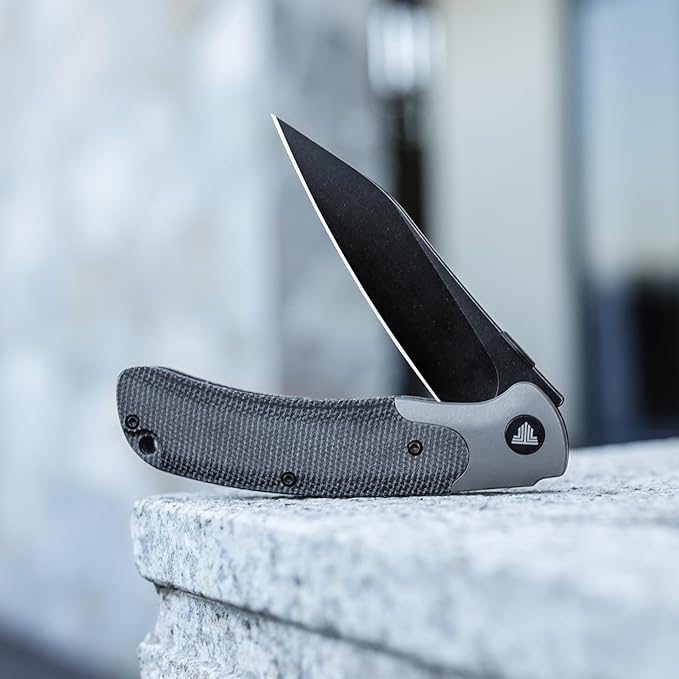 Folding Camping Knife,Black PVD S35VN Steel Blade,Titanium Bolster Micarta Scale Lightweight Handle,Thumb Disk EDC Pocket Knives for Men Hunting Fishing,UMa-04