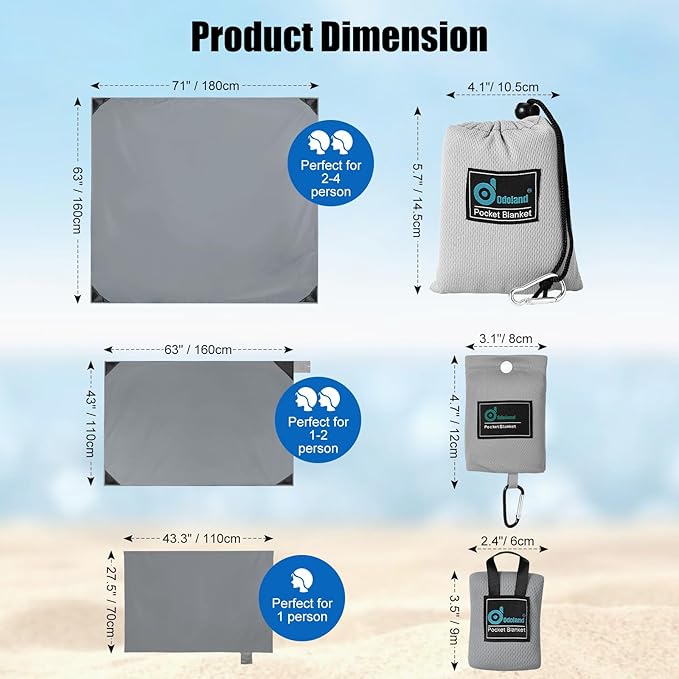 Odoland Beach Blanket Picnic Blanket, SandProof Waterproof Outdoor Pocket Blanket with Portable Bag, Foldable Lightweight Sand Free Quick Drying Beach Mat for Hiking Camping Picnics Travel Concert
