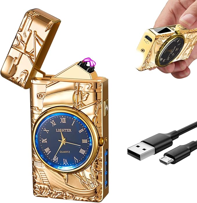 Cool Lighter with Clock Dial Electric Lighter with LED Power Display Plasma Lighter Windproof USB Rechargeable Lighter Gifts for Men Women (Sailboat-Gold)