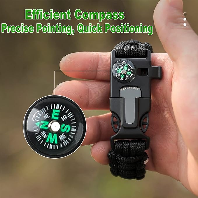 Bracelets,Survival Bracelets for Men Paracord Tactical 5-in-1 Camping Gear Kits,with 12-ft Detachable Parachute Rope,Fire Starter,Embedded Compass,Whistle&Emergency Multitools