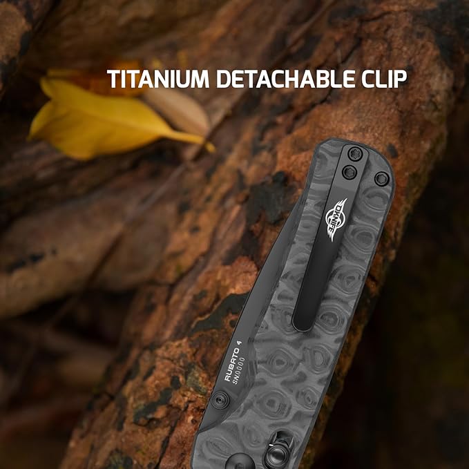 OKNIFE Rubato 4 Folding Knife, CPM-S35VN Steel, 3.04" Blade Damascus Carbon Fiber Handle with Titanium Pocket Clip, Drop Point, Rail Lock, Thumb Stud