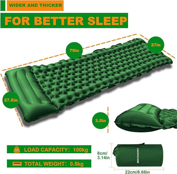 Sleeping Pad for Camping with Built in Pillow Self-Inflating Sleeping Mats with Built-in Foot Pump Ultralight Travel Air Mattress for Camping Backpacking Tent Hiking Green 1Pcs