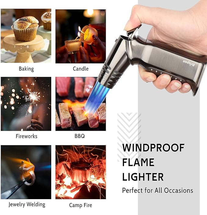 Torch Lighter, Quad 4 Jet Flame Windproof Butane Lighter with Safety Lock Adjustable Refillable Lighter for Kitchen Grill BBQ Candle Camping (Butane NOT Included) (Gunmetal)