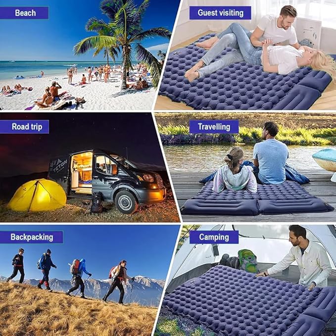 Double Sleeping Pad, Self-Inflating Sleeping Pad for Camping, Camping Sleeping Pad with Built-in Pump, 4" Extra Thickness Inflatable Sleeping Mat, Twin Air Mattress for Traveling (Blue)