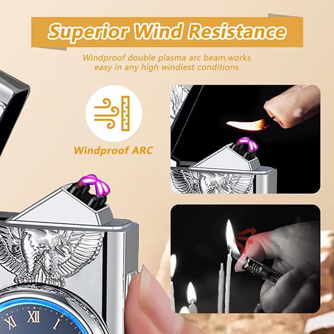 Plasma Lighter USB Rechargeable Electric Lighter Windproof Arc Lighter with Clock dial time Display Cool Lighter for Men（Silver）