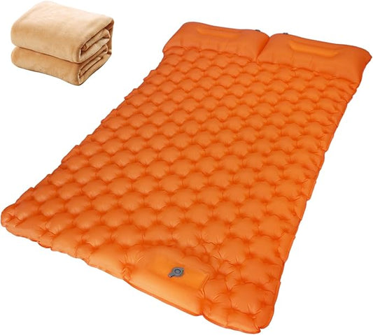 Double Sleeping Pad for Camping 4" Extra-Thick Camping Mat for 2 Person with Pillow Built-in Foot Pump, Ultralight Portable Inflatable Sleeping Mat for Backpacking Hiking Traveling(Orange)
