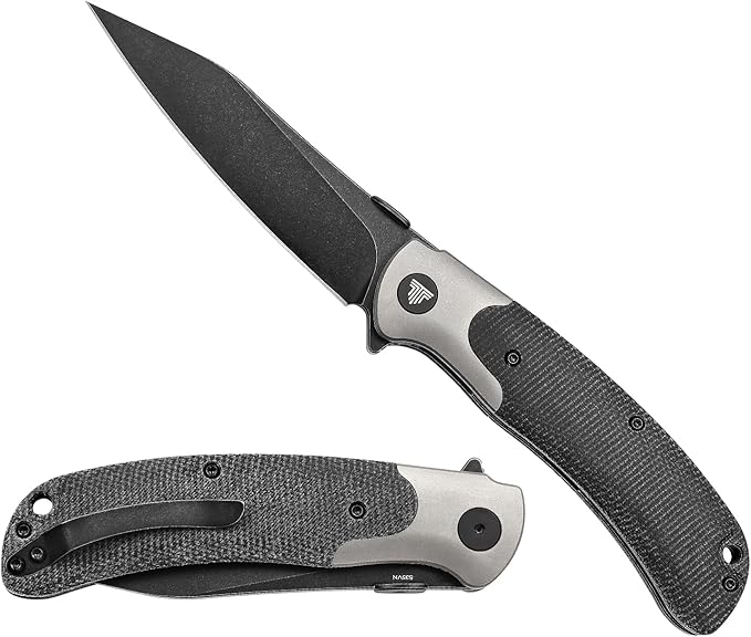 Folding Camping Knife,Black PVD S35VN Steel Blade,Titanium Bolster Micarta Scale Lightweight Handle,Thumb Disk EDC Pocket Knives for Men Hunting Fishing,UMa-04