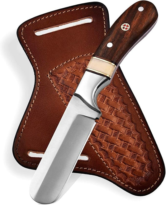 Handmade 1095 High Carbon Steel Bull Cutter Knife with Pancake Leather Sheath, Fixed Blade Cowboy Knife with walnut wood/Bone Handle, Utility Knife, EDC Hunting knife (Walnut Wood)