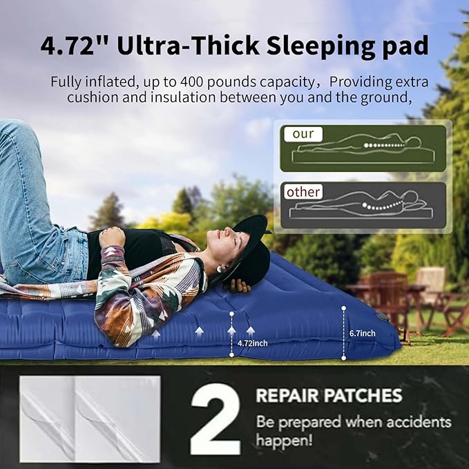 Sleeping Pad,5" Ultra-Thick Self Inflating Sleeping pad for Camping, with Pillow Built-in Foot Pump Camping Mattress for Backpacking, Car Camping, Hiking, Tent(Blue)