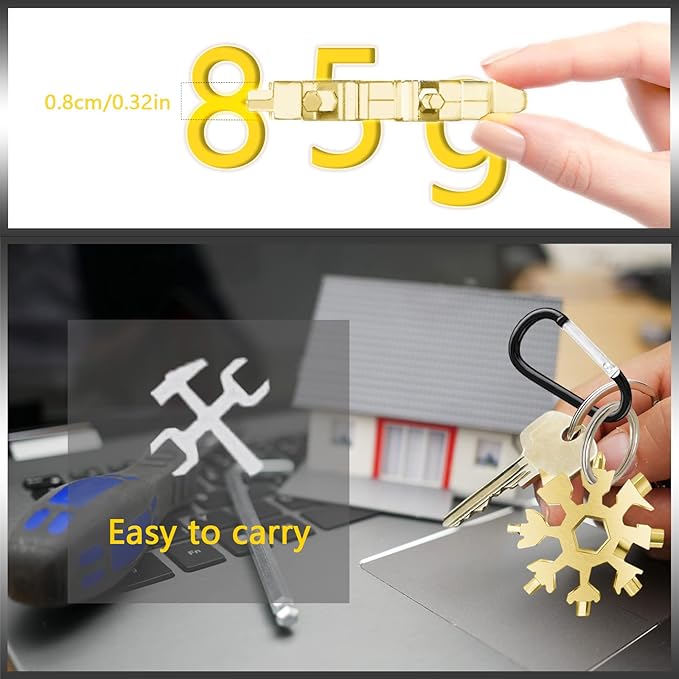 Snowflake Multitool, 2pcs Snowflake Tool Stainless Steel 18 in 1 Snowflake Multitool with Carabiner Clip, Keyring and Storage Bag for Christmas Gift Men's Present（color and gold）