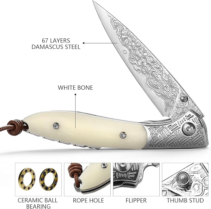 EDC Folding Pocket Knife,Handmade Damascus Steel Blade,Bone Handle Thumb Stud Knives for Men Hunting, Piscis Austrinus-02W