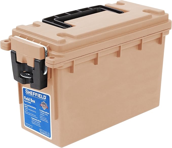 Sheffield 12627 Ammo Storage Box, Stackable .30 Cal Field Boxes, Water and Dust Resistant, Lockable Storage Box with Handle, Secures Hunting Gear, Supplies, and Bullets, Made in USA, Tan, 1-Pack