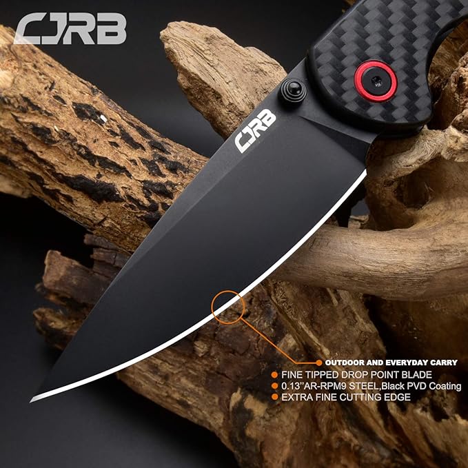 CJRB CUTLERY Folding Knife Feldspar(J1912) AR-RPM9 Powder Steel Black PVD Blade Carbon fiber Handle Pocket Knife EDC Knife, Carbon Fiber Handle