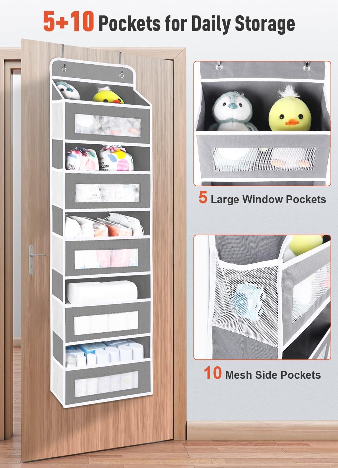 2 Pack Over The Door Organizer Storage, 5 Shelf Hanging Door Organizer with 10 Large Capacity Pockets, Anti Tilt 44 lb Load Behind Door Storage for Bedroom, Bathroom, Pantry, Nursery, (Grey)