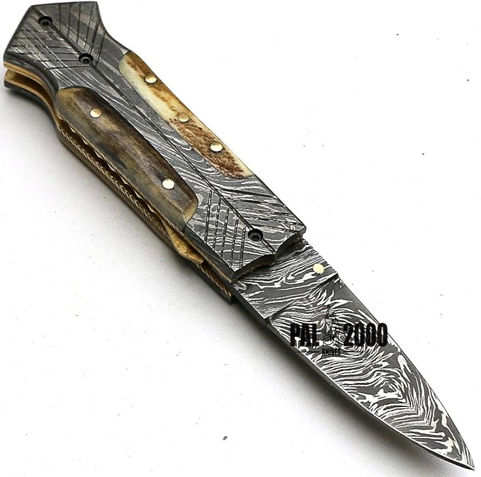 PAL 2000 KNIVES FOL-8897 Handmade Damascus Steel Blade Folding Pocket Hunting Knife with Sheath