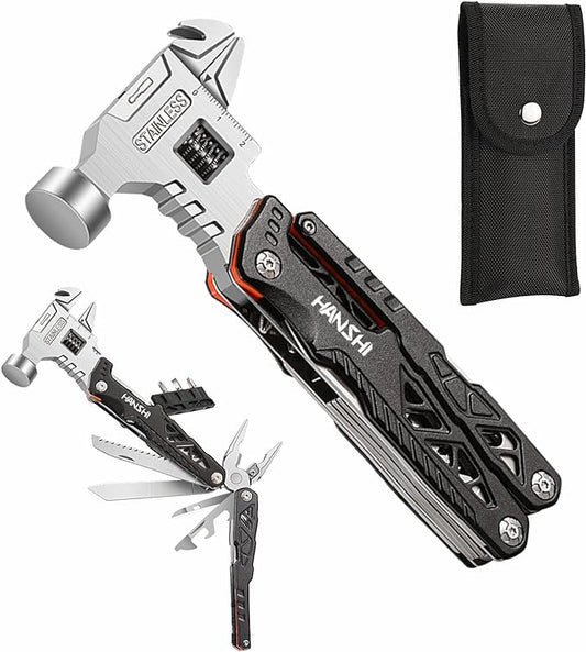 Upgraded Adjustable Wrench Multitool Hammer with YG10 Tungsten Steel Replaceable Wire Cutters for Men,18 in 1 Pocket Multi Tool Knife with Spring-Action Pliers for Camping,Survival (Black)