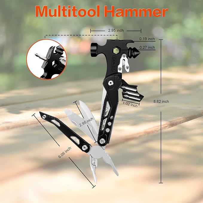 Hammer Multitool: 16 In 1 Multi Tool Hammer Camping Gear - Gifts for Men Boyfriend Husband Father, Cool Gadgets, Small Hammer with Screwdriver Bits Set for Camping Outdoor Home DIY Use