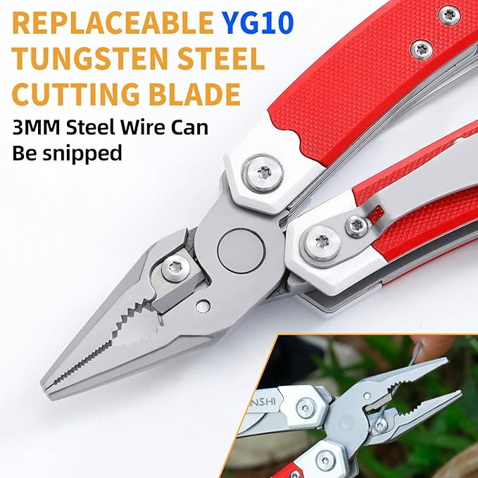 G10 Handle Multitool Pliers with YG10 Tungsten Steel Replaceable Wire Cutters 12 in 1 Multi Tool Pocket Knife with Safety Lock,Saw,Bottel Opener for Camping,Survival with Nylon Sheath (red)