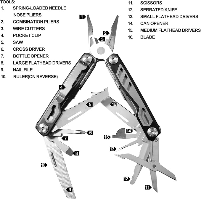 Gifts for Men, KUPERIA Multitool Needle Nose Pliers, 16-in-1 Stainless Steel Multi Tool Pocket Knife, Cool Gadgets, Survival Knife with EDC Pouch Used as Bottle Opener, Screwdriver, saw etc